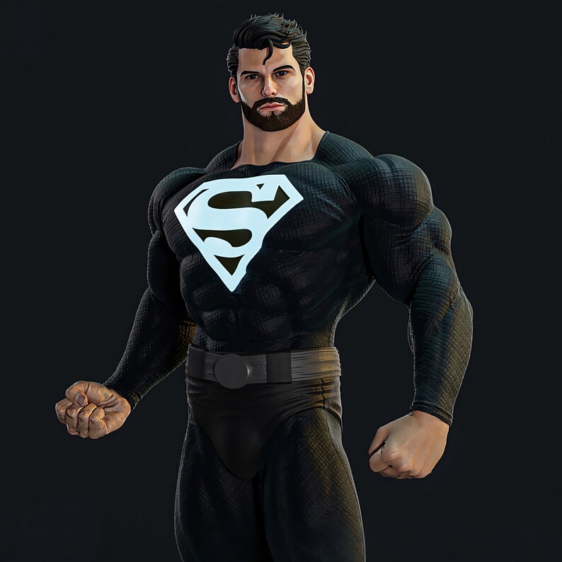May include: A muscular figure in a black superhero suit with a white "S" emblem on the chest. The suit has a textured pattern. The figure has a dark beard and hair, and a black belt. The background is dark.