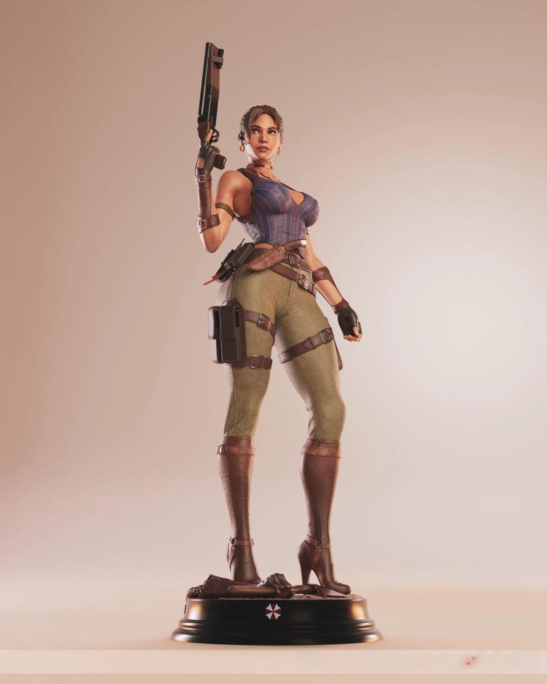 May include: A detailed figurine of a woman in combat attire, holding a shotgun. She wears a blue and purple corset, olive green pants, and brown boots. The figure stands on a black base with a white emblem.