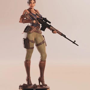 May include: A detailed figurine of a woman in combat attire, holding a rifle. She wears a blue top, olive green pants, and brown boots. The figure stands on a black base with a symbol. The rifle has a scope and a wooden finish.