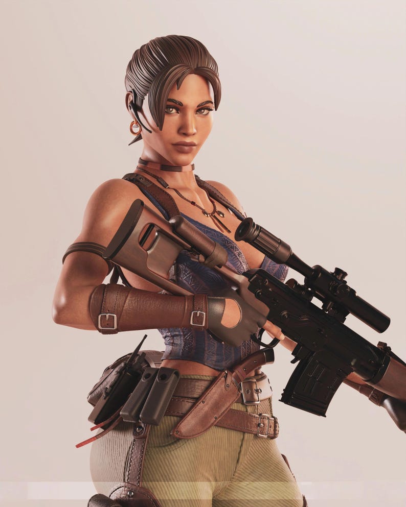 May include: A detailed digital rendering of a woman holding a black rifle with a scope. She wears a blue top, brown leather arm guards, and a utility belt with a knife and pouches. Her hair is styled back, and she has a serious expression.