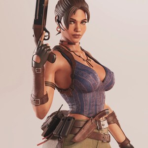 May include: A detailed figurine of a woman holding a shotgun. She wears a blue and brown corset, brown gloves, and khaki pants. Accessories include a necklace, belt with a knife, and armbands. The figure has brown hair and is looking forward.
