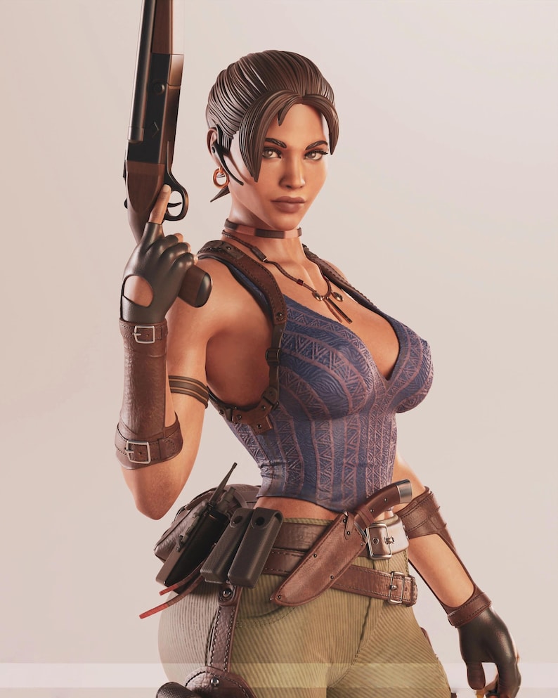 May include: A detailed figurine of a woman holding a shotgun. She wears a blue and brown corset, brown gloves, and khaki pants. Accessories include a necklace, belt with a knife, and armbands. The figure has brown hair and is looking forward.