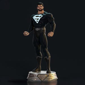 May include: A black superhero figure with a white glowing emblem on the chest. The figure is muscular, wearing a black suit, boots, and a belt. The figure stands on a silver and bronze base with a Superman logo.