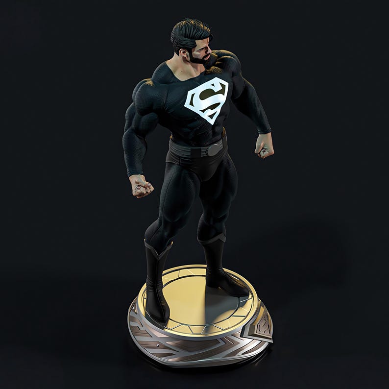 May include: A black Superman statue with a white "S" emblem on the chest. The figure is muscular and stands on a gold and silver circular base. The statue is a collectible item.