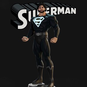 May include: A black Superman action figure with a white and blue Superman logo on the chest. The figure is muscular and stands in a heroic pose. The word "Superman" is in white letters behind the figure.