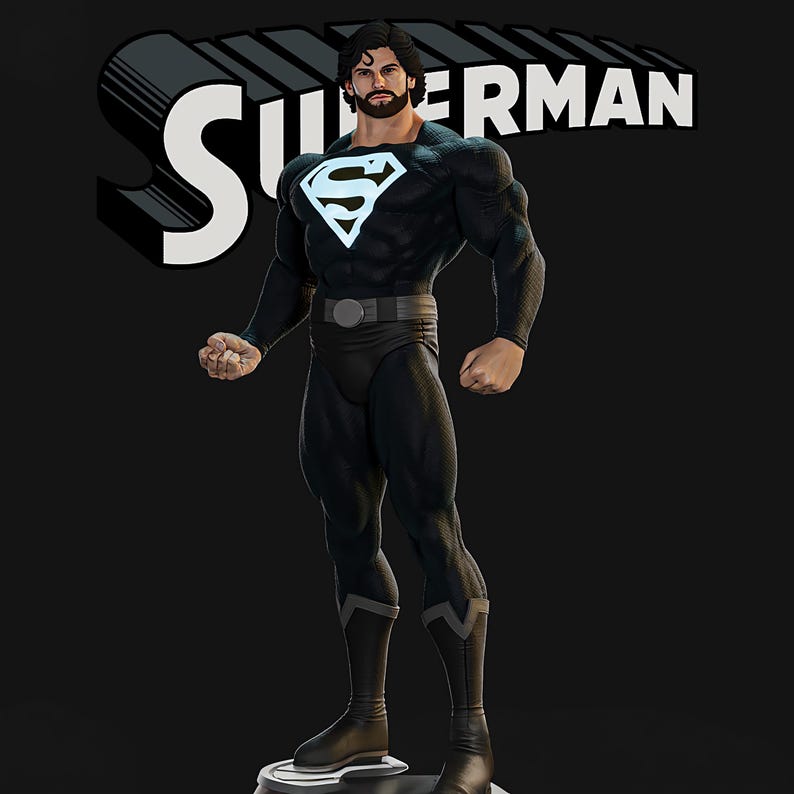 May include: A black Superman action figure with a white and blue Superman logo on the chest. The figure is muscular and stands in a heroic pose. The word "Superman" is in white letters behind the figure.