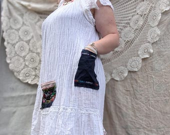 Upcycled Pocket Dress OOAK – Handmade Cottagecore Dress with Embroidered Pockets | Whimsical Slow Fashion Clothing