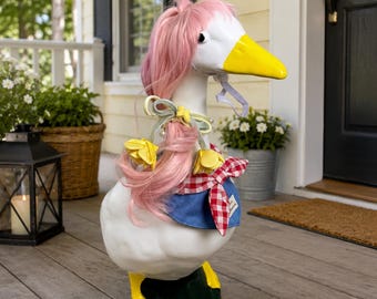 Pink Wig Flower Bandana Gingham Bow Porch Goose Outfit Set 17 23 25 27 Inch Farmhouse Garden Decor Holiday Gift for Friend Grandmother
