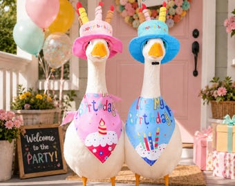 Porch Goose Birthday Outfit Pink Blue Party Hat Bandana Set Birthday Goose Clothes Yard Garden Decor Party Welcome Goose Costume Gift