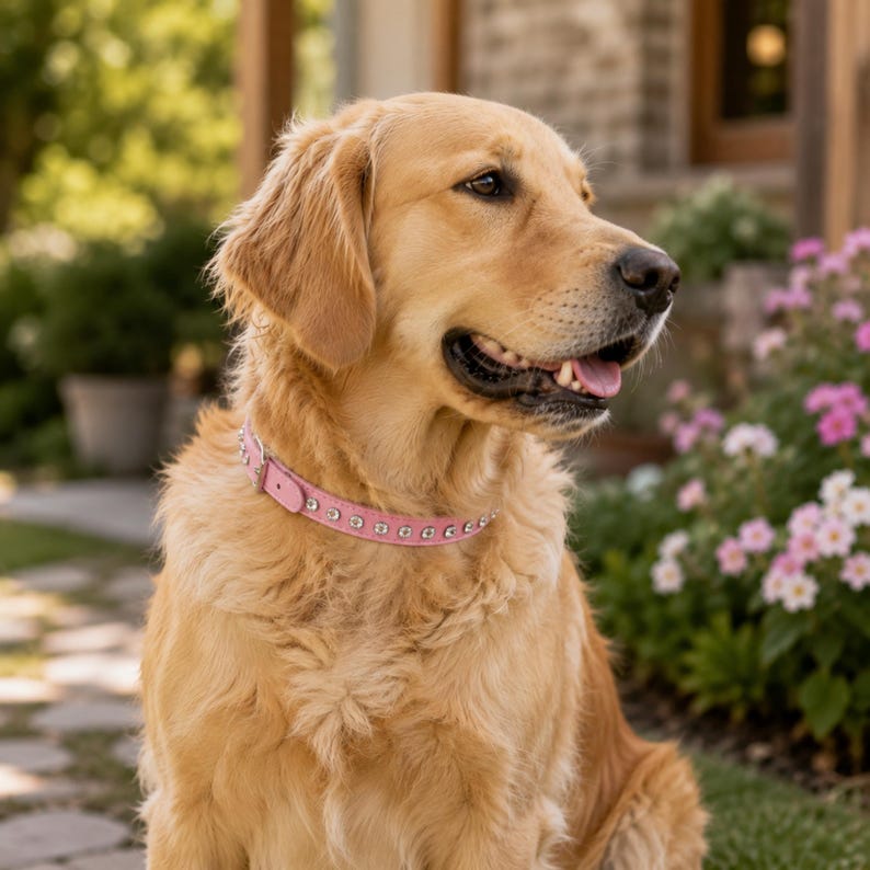 May include: A golden retriever with light golden fur wearing a light pink leather dog collar adorned with a single row of clear, round, sparkling rhinestones. The collar features a silver-toned metal buckle and a matching metal D-ring attachment.