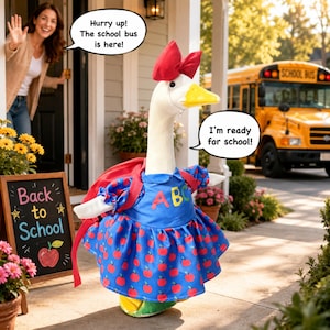 May include: A plush goose wearing a blue dress with red apple prints, a red backpack, and a red bow. The dress has the letters "ABC" on it. A sign says "Back to School" with an apple illustration. A yellow school bus is in the background.