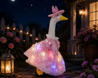 Pink Flower Lighten Bunny EarButterfly Princess Dress 23 Inch Porch Goose Wear, Garden Yard Clothes Farmhouse Decor Gift for Mother Summer