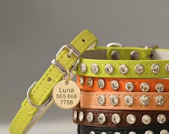 Handmade Leather Pet Collar Personalized Name Tag Cat Collar Dog Collar Crystal Rhinestone Studded Adjustable Custom Engraved Small Pet Gift