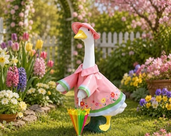 Floral Lawn Raincoat Goose Outfit Pink Hat Umbrella Summer Garden Goose Clothes 23 Inch Decor Outdoor Gift for Friend Mother Photo Prop