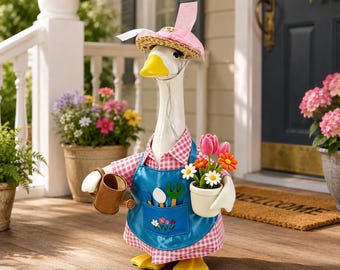 Pink Gingham Dress Apron Porch Goose Garden Outfit 23 Inch Straw Hat Bouquet Decor Lawn Yard Summer Farmhouse Statue Gift for Grandfather