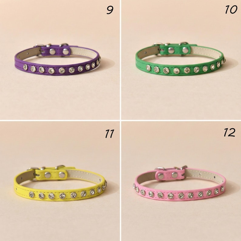 May include: Four pet collars labeled 9, 10, 11, and 12. Each collar features a row of clear, round rhinestones embedded in a smooth band. The collars are purple, green, yellow, and pink, each with a silver-toned metal buckle and rivets.
