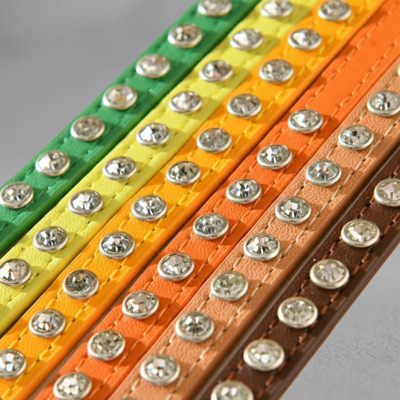 May include: A collection of five narrow, flat straps in green, yellow, light orange, dark orange, and brown. Each strap features a single row of evenly spaced, circular, clear faceted crystals set in silver-toned metal, with visible stitching.