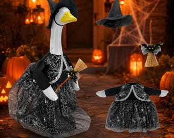 Halloween Witch Goose Set Costume Black Spider Web Dress Hat Broom Spooky Porch Goose Outfit Yard Garden Decor Outdoor Party Gift for Friend