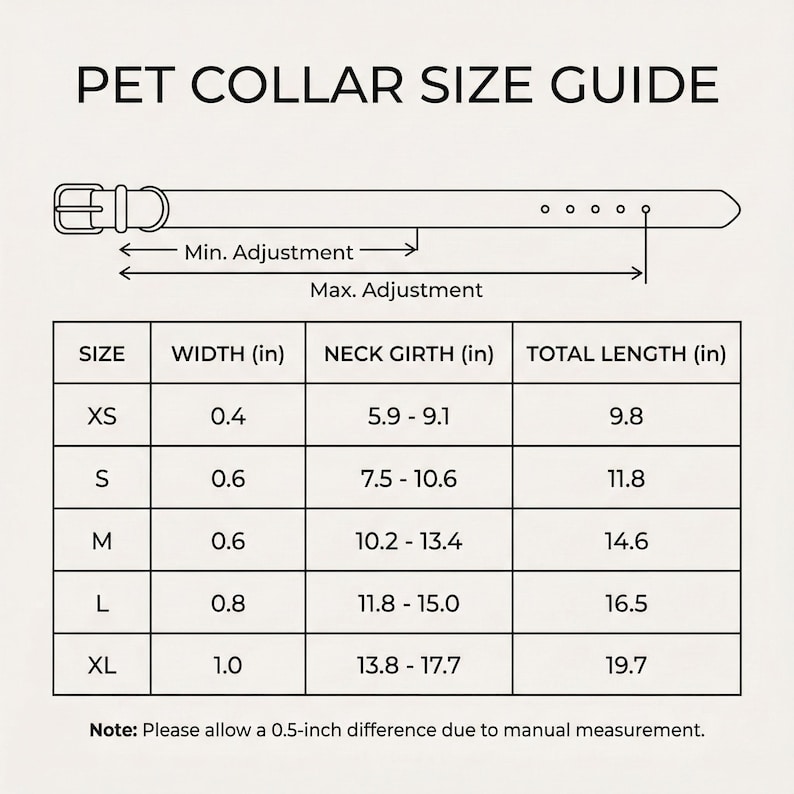 May include: A pet collar size guide chart featuring a diagram of a buckle collar with minimum and maximum adjustment indicators. A table lists sizes XS through XL with corresponding width, neck girth, and total length measurements in inches.