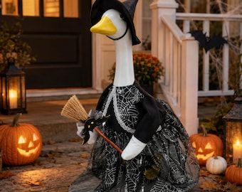 Halloween Goose Witch Costume Set Black Spider Web Dress Hat Broom Spooky Porch Goose Outfit Yard Garden Decor Outdoor Party Gift for Friend