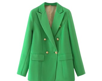 Women Double Breasted Elegant Gold Button Blazer