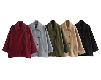Women Elegant Short Wool Blend Coat Oversized Button Jacket