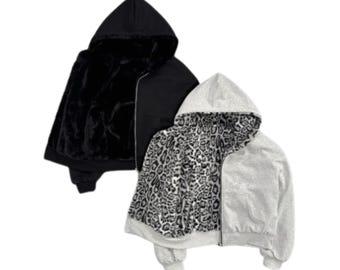 Sudadera reversible con capucha de leopardo para mujer, holgada y con cremallera, para otoño e invierno.