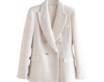 Women’s Tweed Blazer Jacket Double Breasted Chic Office Coat