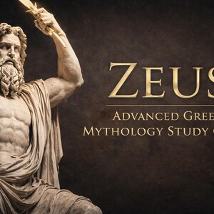 Może przedstawiać: Marmurowy posąg Zeusa, trzymającego piorun, dominuje na obrazie. Tekst "ZEUS" i "Advanced Greek Mythology Study Guide" w złotych literach na ciemnym tle. Posąg jest szczegółowy.