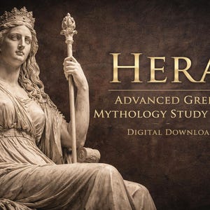 Może przedstawiać: Obraz w odcieniach sepii przedstawia klasyczny posąg kobiety z koroną i berłem. Złoty tekst "HERA Advanced Greek Mythology Study Guide DIGITAL DOWNLOAD" sugeruje przewodnik po mitologii greckiej.