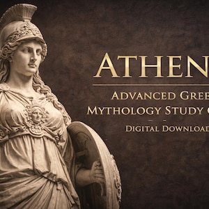 Może przedstawiać: Cyfrowy przewodnik do nauki zatytułowany "Athena: Advanced Greek Mythology Study Guide". Obraz przedstawia posąg Ateny, greckiej bogini, trzymającej włócznię i tarczę, na tle teksturowanego brązowego tła.