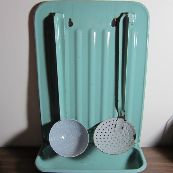 Vintage French Enamel Drip Tray Utensil Rack PRICE REDUCED