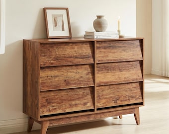 Mid-Century Modern 6-Drawer Dresser, Minimalist Wood Storage Chest, Hidden Pulls