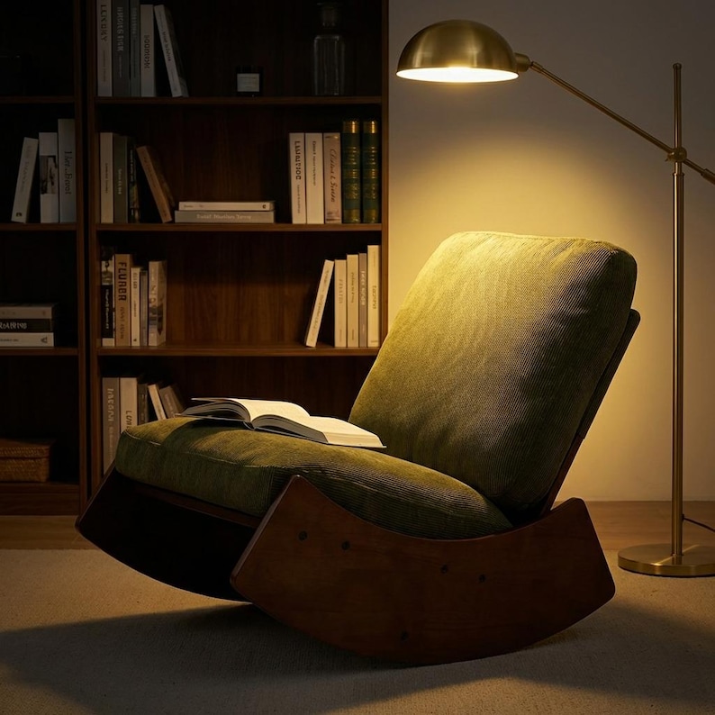 Pu&ograve; includere: Un accogliente angolo lettura con una poltrona a dondolo in velluto a coste verde con struttura in legno. Un libro aperto &egrave; appoggiato sulla sedia, illuminato da una lampada da terra in ottone. Una libreria in legno scuro piena di libri sullo sfondo.