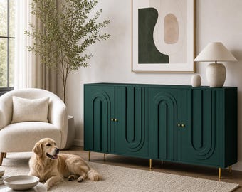 Dark Green Accent Cabinet, Geometric Wood Server Buffet, Statement Storage Furniture for Hallway & Office