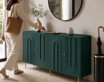 Emerald Green Fluted Sideboard, Mid-Century Modern Arch Buffet Cabinet, Gold Legs