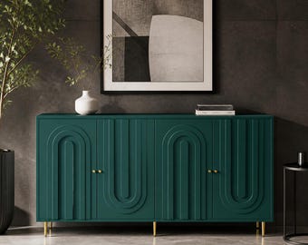 Enfilade cannelée vert émeraude, meuble buffet en bois voûté, crédence moderne Mid-Century
