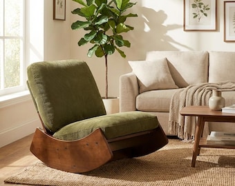 Olive Green Corduroy Rocker Chair | Mid-Century Modern Solid Wood Glider