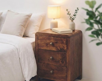Handmade Mango Wood Nightstand, Mid-Century Modern Bedside Table with 3 Drawers