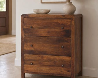 Solid Mango Wood Dresser | Mid-Century Modern 3 Drawer Chest, Chestnut Storage Cabinet