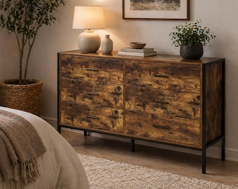 Industrial 6-Drawer Dresser | Rustic Brown Wood Chest, Black Metal Frame Storage