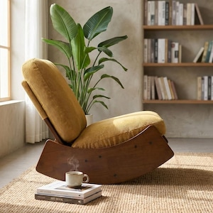 Mid Century Modern Rocking Chair, Mustard Yellow Corduroy Lounge Accent Chair immagine 6