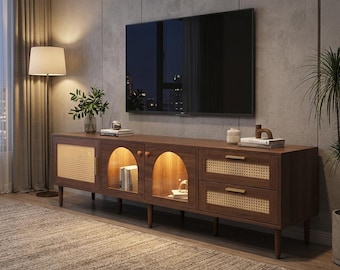 Mid-Century Rattan TV Stand | Arched Media Console with LED Lighting