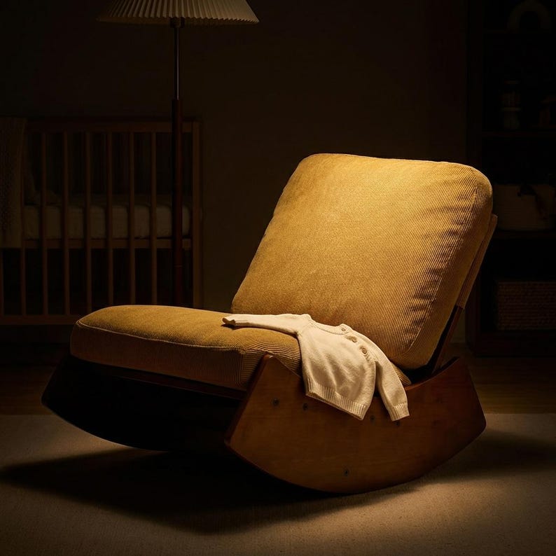 Mid Century Modern Rocking Chair, Mustard Yellow Corduroy Lounge Accent Chair immagine 7