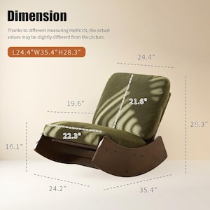 Pu&ograve; includere: Una poltrona a dondolo in velluto a coste verde con dondoli in legno marrone scuro. Le dimensioni della sedia sono L62cm x L90cm x H72cm. L'immagine include il testo "Dimension" e un disclaimer.