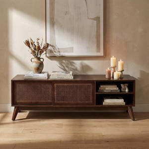 Mid-Century Modern Rattan TV Stand, Dark Wood Cane Media Console Storage