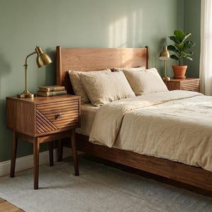 May include: A bedroom scene with a wooden bed frame and beige bedding. Two wooden bedside tables with lamps are on either side of the bed. One table has a drawer with a diagonal design. A potted plant sits on the other bedside table.