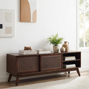 Mid Century Modern Rattan TV Stand, Dark Wood Cane Media Console, Boho Entertainment Center