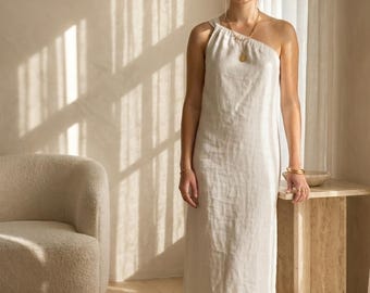 One Shoulder Linen Midi Dress, Minimalist Summer Sundress, Custom Made Clothing