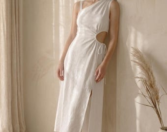 One Shoulder Cut Out Linen Midi Dress, Customizable Summer Wedding Guest Linen Clothing